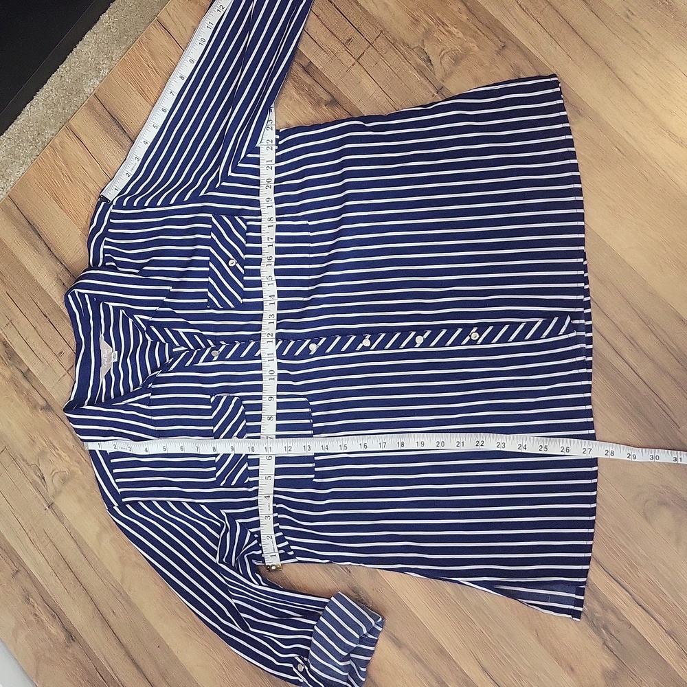 CORAL BAY Blue White Stripe Roll-Tab Pocket Blouse - Picture 9 of 12